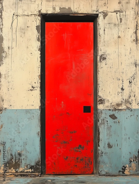 Fototapeta Red Door on Weathered Wall: A bold red door stands out against a weathered and worn wall, inviting curiosity and a glimpse of the unknown.