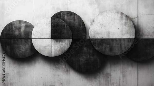 Fototapeta Geometric Abstraction: A captivating minimalist composition of overlapping circles, rendered in shades of black and white, against a textured backdrop.