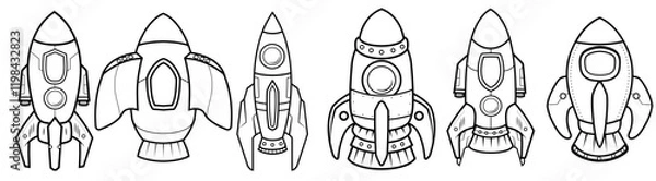 Fototapeta Set of Black and white Rocket Space for launch galaxy astronomy astronaut universe Kids coloring page, drawing, art, flash card. Color cartoon character clipart.