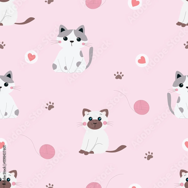 Obraz Siamese and Scottish cats, yarn balls, cat footprints, hearts on a bright pink background.Vector seamless pattern