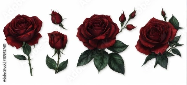 Obraz Realistic and detailed illustrations of red roses in a triangular arrangement on a white background, with varying shades of red.