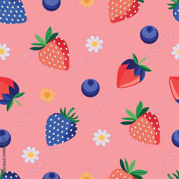 Obraz blue strawberry Red-pink strawberries, blueberries, daisies, bright pink background.Seamless pattern. Vector.