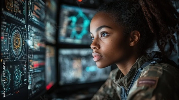 Fototapeta Focused military personnel analyzing high-tech data in a control room with digital displays