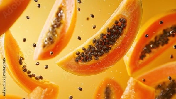 Obraz Flying papaya slices with seeds on yellow background.