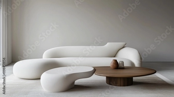 Fototapeta A modern, minimalist living room with a white sofa and a simple coffee table.