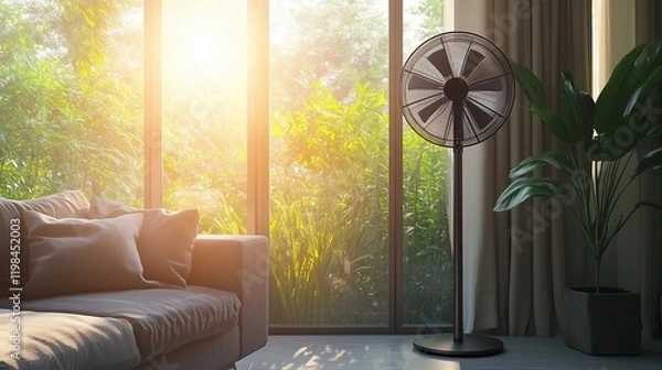 Fototapeta A modern standing fan in a well-decorated room, with sunlight streaming through the window, symbolizing comfort.
