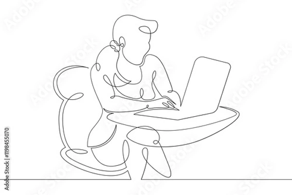 Fototapeta Young woman sits working at a laptop computer. The designer manager works on the Internet. One continuous drawing line, logo single hand drawn art doodle isolated minimal illustration.