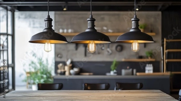 Fototapeta Stylish industrial pendant lights hang over a wooden table in a modern interior, creating a warm and inviting atmosphere.
