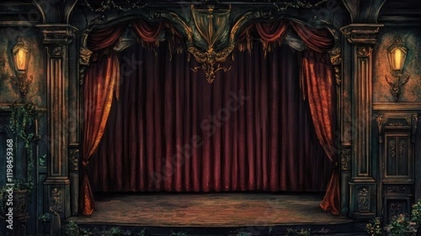 Fototapeta A dramatic theater stage curtain in deep crimson, slightly parted to reveal a darkened stage