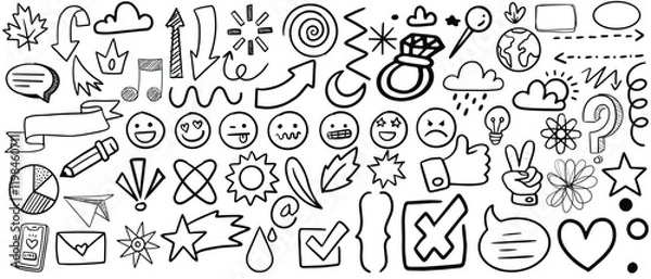 Fototapeta Simple sketch line style elements. Doodle cute ink pen line elements isolated on white background. Doodle arrow, heart, star, decoration symbol, icon set. Vector illustration of kids pencil drawing. 