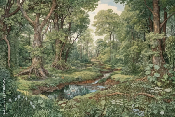 Fototapeta Digital painting of a small river in the forest with trees and plants,.Generative AI