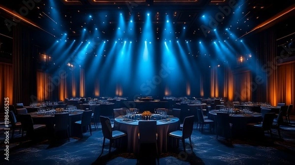 Obraz Elegant ballroom, event setup, blue lighting.