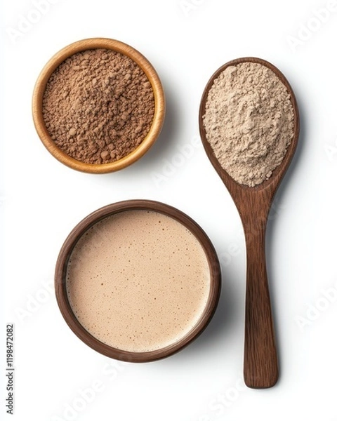 Fototapeta Various types of nut butters and powders in wooden bowls and spoon on a white background.