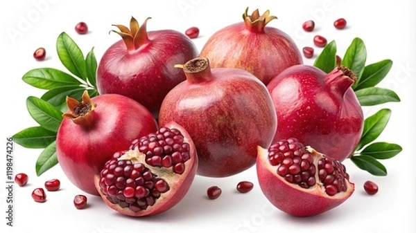 Fototapeta Fresh Pomegranates with Seeds and Leaves - A close-up of fresh pomegranates with opened seeds and green leaves, showcasing their vibrant color and texture.

