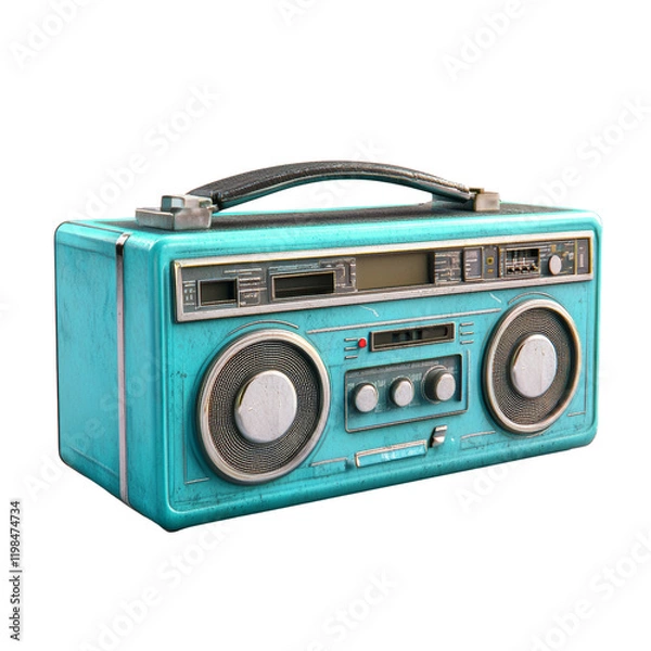 Fototapeta A weathered teal vintage boombox sits on a light gray surface showcasing its retro design and aged condition.