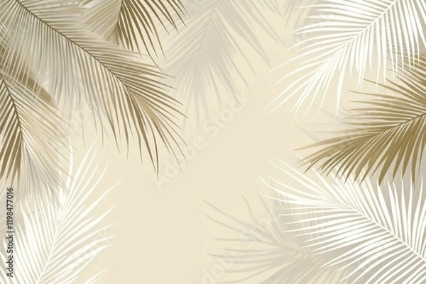 Fototapeta Beige background with gold and white palm leaves.