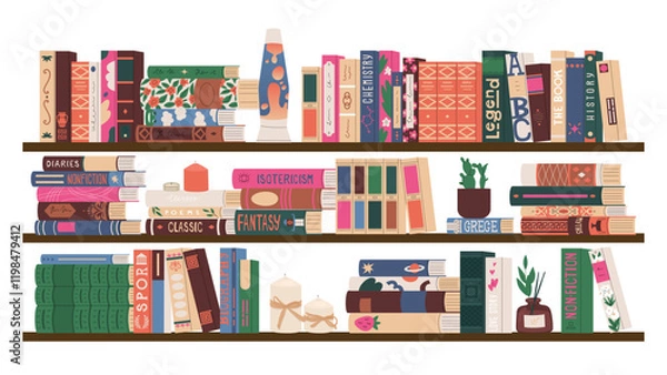 Fototapeta Set of different book spines. Home library. Fiction, scientific research, textbooks and encyclopedias. Student bookshelves. Vector illustration isolated on transparent background.