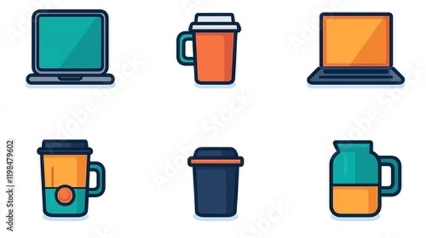 Fototapeta A series of icons depicting common workplace tools, such as laptops and coffee mugs, designed with a flat style for clarity.