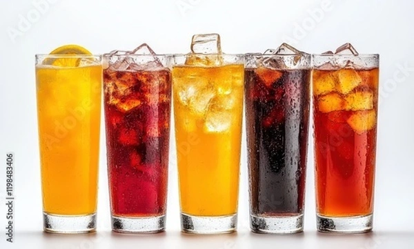 Fototapeta Refreshing Variety of Colorful Beverages Displayed in Tall Glasses with Ice and Citrus Garnish, Perfect for Summer Celebrations and Food Photography
