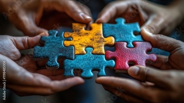 Obraz Group of businesspeople's hands connecting puzzle pieces symbolizing teamwork