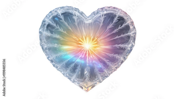 Fototapeta A magical ice crystal heart with a glowing aura, its core pulsating with soft rainbow waves, resting on a white transparent background PNG