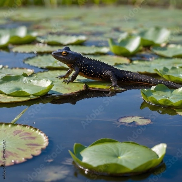 Fototapeta A Tranquil Pond Ecosystem: Italian Crested Newt on a Lily Pad