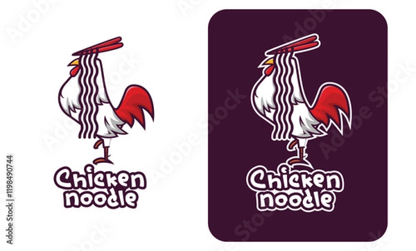 Obraz Playful Cartoon Rooster with Noodle Feathers, "Chicken Noodle" Logo, Vibrant, Dynamic, Fun, and Energetic Design