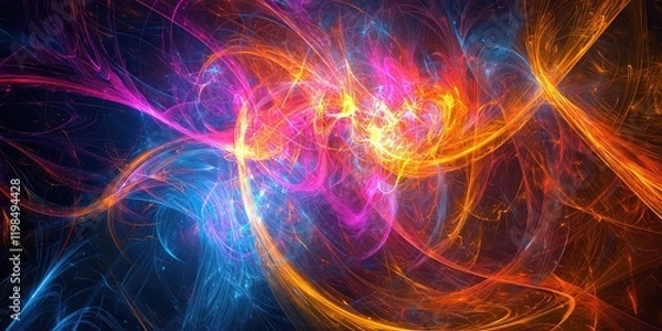 Fototapeta A digital abstract image blending vibrant neon lights and futuristic patterns, perfect for tech-themed projects.