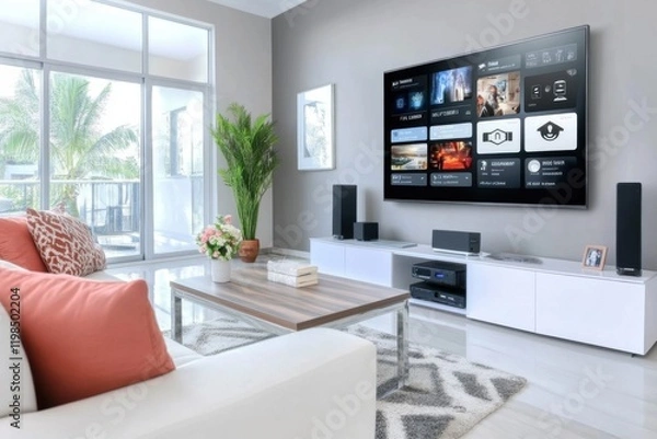 Obraz A modern living room featuring a large TV, stylish furniture, and a bright atmosphere with natural light and greenery.