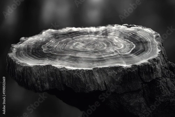 Fototapeta Black and white close-up of a tree stump, showcasing its intricate rings and texture.