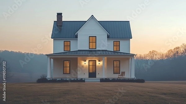Fototapeta A stunning white farmhouse bathed in the soft glow of twilight.  The idyllic setting and warm lights create a sense of peace and tranquility.