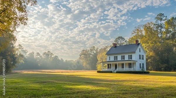 Fototapeta A charming white farmhouse sits peacefully on a vast green field at sunrise. The serene scene is filled with autumn colors, peaceful atmosphere, and beautiful morning light.