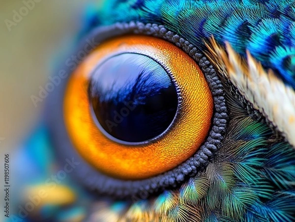 Fototapeta A stunning macro photograph showcasing the intricate details of a bird's eye and vibrant feathers. The image captures the beauty of nature up close.