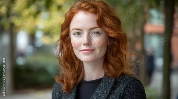 Fototapeta A beautiful redhead woman with freckles smiles gently in a park setting. Her casual attire adds to her natural charm.