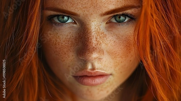 Fototapeta Close-up portrait of a young woman with vibrant red hair and numerous freckles. Her intense gaze captures attention.