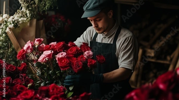 Obraz Florist collects a bouquet of flowers from red roses.