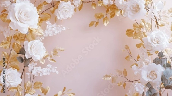 Obraz Elegant Floral Frame with White Roses and Golden Leaves on a Soft Pink Background.