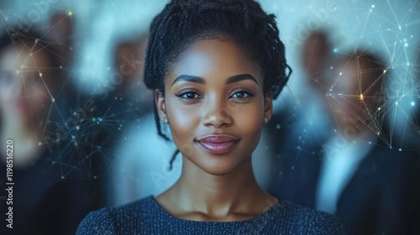 Fototapeta Confident businesswoman in a professional setting, with colleagues blurred in the background, showcasing teamwork