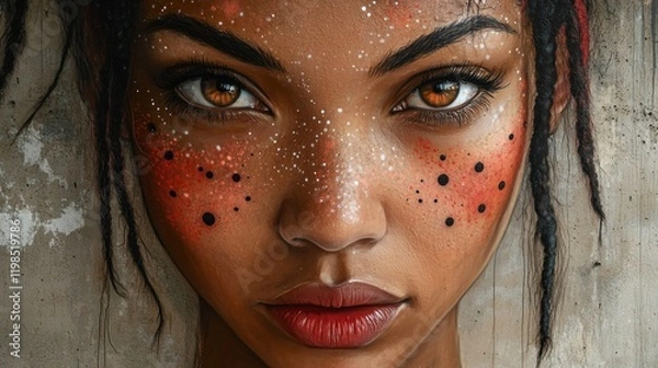 Fototapeta Close-up portrait of a woman with striking features and artistic face paint against a textured background
