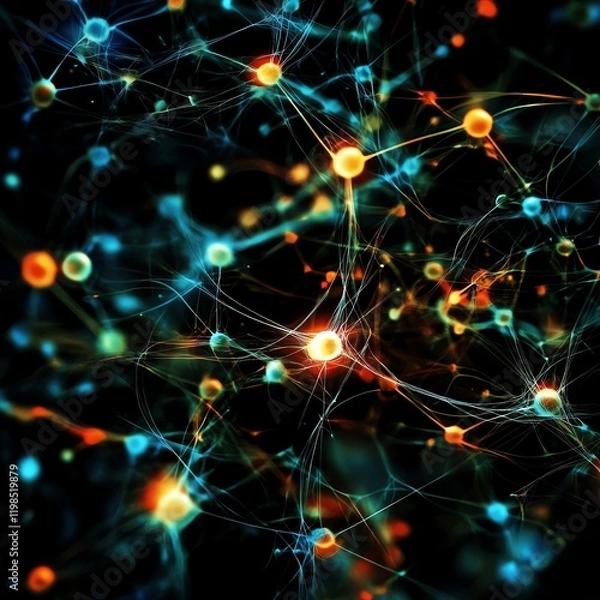 Obraz Colorful Network of Interconnected Nodes Representing Data or Neural Connections in a Digital Landscape