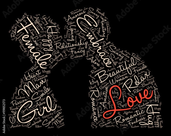 Obraz Two lovers kissing. Vector words cloud.