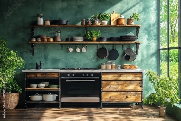 Fototapeta  Industrial-style three-tier metal rack as oven stand with shelves, hanging ornaments, dark wood-grain accents, and white countertop with cookware, warm kitchen decor.