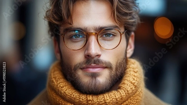 Fototapeta Close-up portrait of a young man with glasses and a stylish scarf, set against a softly blurred urban background