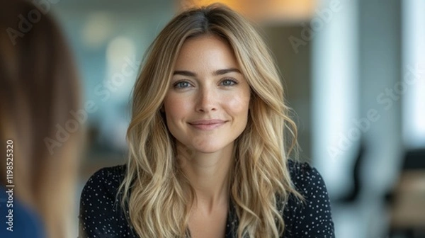 Fototapeta Bright and cheerful woman smiling in a modern office setting, with colleagues engaged in discussion