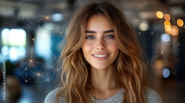 Fototapeta Portrait of a smiling woman with long hair in a modern, softly lit interior, with abstract digital elements