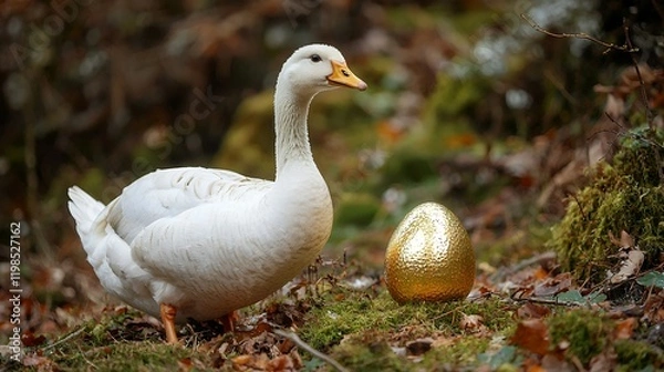 Fototapeta White goose guarding a golden egg in an autumnal forest setting.  Nature photography.