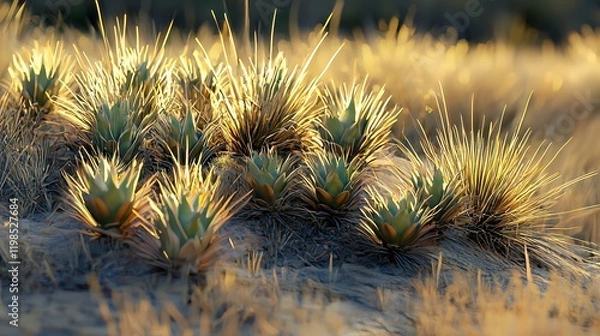 Fototapeta Desert plants illuminated by the warm glow of the setting sun. A captivating display of nature's beauty in a desert landscape.