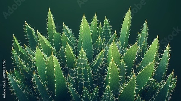 Fototapeta Close-up view of a vibrant green succulent with sharp spines. The plant's texture and color are beautifully showcased against a dark background.