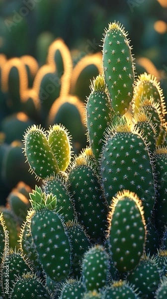 Fototapeta Close-up of cacti bathed in golden sunset light.  The vibrant green and sharp details highlight the beauty of desert flora.