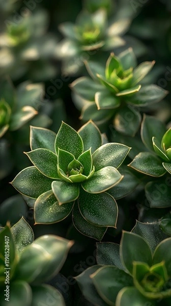 Fototapeta A captivating close-up of several lush, deep green succulents. The image showcases intricate details and textures, creating a serene and beautiful scene.